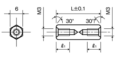 ステンレスSUS304 六角スペーサー(両メスねじ) ASU-H (M3 平径6)の寸法図