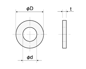 黄銅 丸形平座金 (ニッケルメッキ・その他フルサイズ)(BBW-0000-00)(カドミレス)(内径x外径x厚)の寸法図