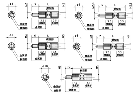 金属付・ジュラコン(POM・乳白色) 丸型スペーサー (オス+メスねじ) BMR-E (Ni)の寸法図