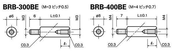黄銅(カドミレス) 丸型スペーサー(オス+メスねじ) BRB-BE (黒Ni)の寸法図