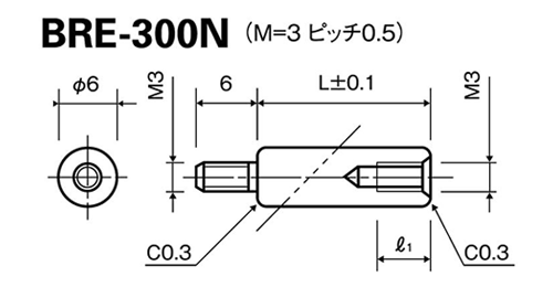 黄銅(鉛レス) エコ丸型スペーサー(オス+メスねじ) BRE-N (Ni)の寸法図