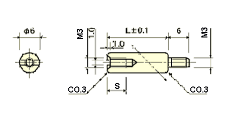 黄銅(鉛レス) 丸型スペーサー オス・メスねじ BRE-SN(すり割入)(ネジ径x長さ)の寸法図