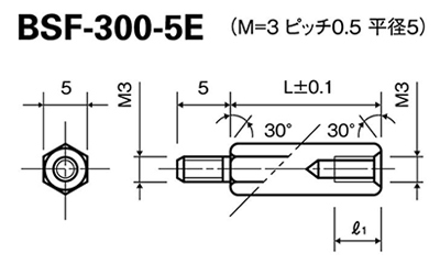 鉄(ROHS2対応) 六角スペーサー (オス+メスねじ) BSF-5E (平径5)の寸法図