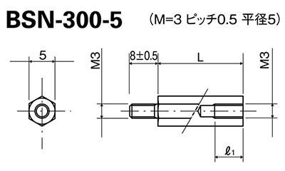 ナイロン66(半透明) 六角スペーサー (オス+メスねじ) BSN-5 (平径5)の寸法図