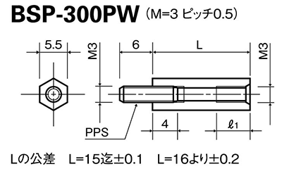 オールPPS 六角スペーサー(オス+メスねじ)(ネジ込接着固定) BSP-PW(茶色)の寸法図
