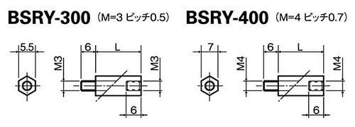 レニー(高強度ナイロン) 六角スペーサー(オス+メスねじ) BSRY (黒)の寸法図