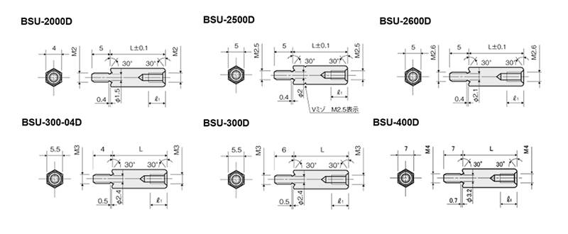 ステンレスSUS303 六角スペーサー(逃げミゾ付・バリ吸収)(オス+メスねじ)(BSU-D)(脱脂)の寸法図