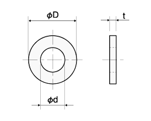 黄銅 丸形平座金 (ニッケルメッキ・その他フルサイズ)(BW-0000-00)(内径x外径x厚)の寸法図