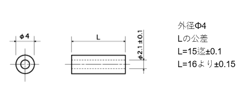 ジュラコン(POM) 丸型中空 スペーサー C-4 (パイプ形状品 (ねじ径用 X 長さ X 外径4mm)の寸法図
