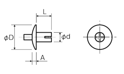 ドライブリベット(トラス頭) DRT-0000AF (本体 アルミ-鉄)(廣杉計器)の寸法図