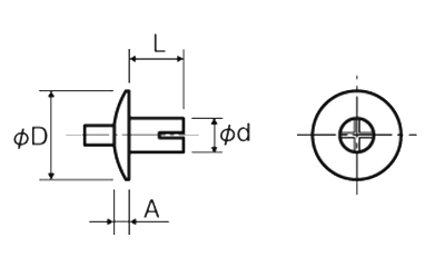 ドライブリベット(トラス頭) DRT-0000AU (本体 アルミ -ステン)(廣杉計器)の寸法図