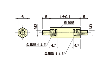 PPS(樹脂製) 六角スペーサー(両オスねじ)(インサート一体成型)(黒色) / EMP-E (RoHS2対応)の寸法図