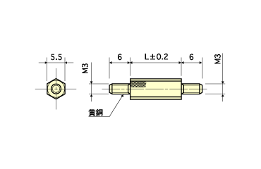 ジュラコン(POM)(乳白色) 六角スペーサー(両オスねじ・導通型) ES-E (RoHS2対応)の寸法図