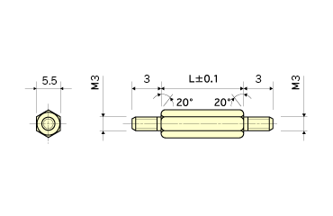 黄銅(C3604BD) 六角スペーサー(両オスねじ) / ESB-03E (RoHS2対応)の寸法図