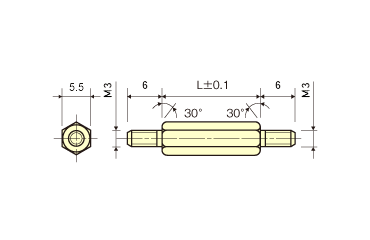 アルミ(鉛レス) 六角スペーサー(両オスねじ) 黒アルマイト処理 / ESL-BE (RoHS2対応)の寸法図