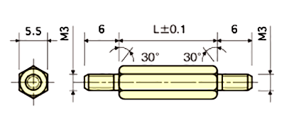アルミ(鉛レス) 六角スペーサー(両オスねじ) カニゼンメッキ処理 / ESL-KE (RoHS2対応)の寸法図