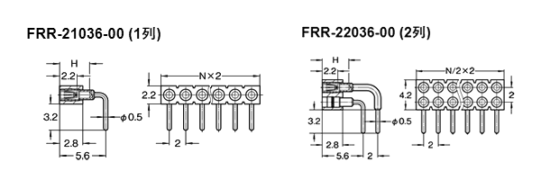 LCP ピンヘッダー FRR-20(T〇) ソケット(丸)2.00mmピッチ ライトアングル(1列/2列) 接続側φ0.47mmピンの寸法図