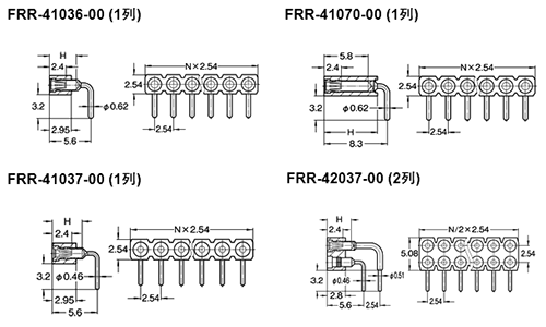 PCT ピンヘッダー FRR-40(T〇) ソケット(丸)2.54mmピッチ ライトアングル(1列/2列) 接続側φ0.47mm/φ0.7の寸法図