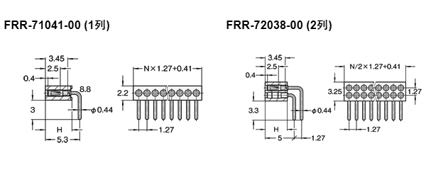 PCT ピンヘッダー FRR-70(T〇) ソケット(丸)1.27mmピッチ ライトアングル(1列/2列) 接続側φ0.41mmピンの寸法図