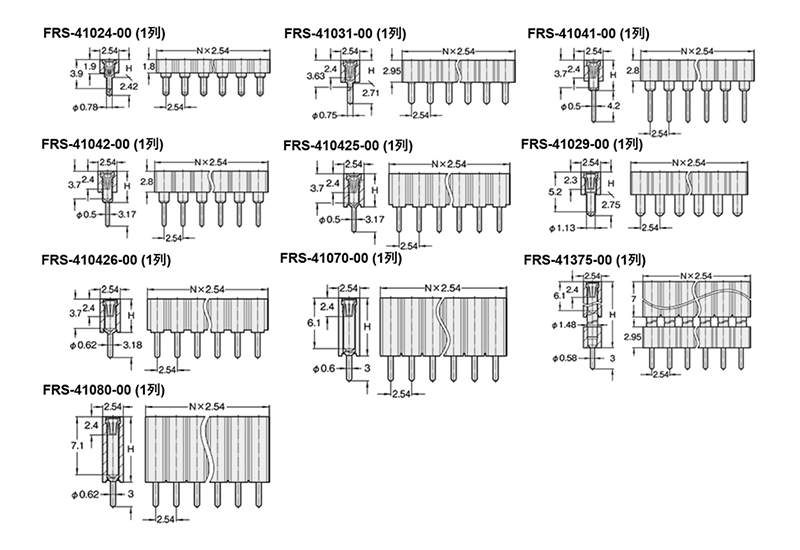 PCT製品 ピンヘッダーFRS-41(T〇) ソケット(丸)2.54mmピッチ ストレート(1列) 接続側φ0.47mmピン/φ0.76mmピンの寸法図