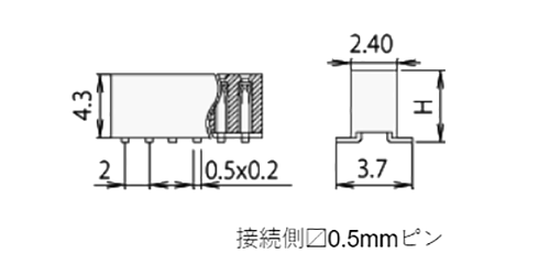 ナイロン製品 ピンヘッダー / FSM-21(T〇) ソケット(角ピン)2.00mmピッチ SMT(1列) 接続側□0.5mmピンの寸法図