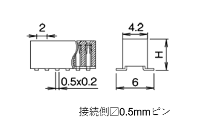 ナイロン製品 ピンヘッダー / FSM-22(T〇) ソケット(角ピン)2.00mmピッチ SMT(2列) 接続側□0.5mmピンの寸法図