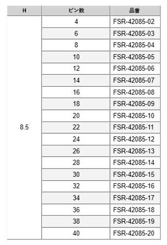 ナイロン ピンヘッダー FSR-42085(T〇) ソケット(角)2.54mmピッチ ライトアングル(2列) 接続側0.64mmピンの寸法表
