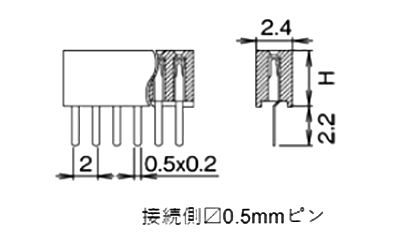 ナイロン ピンヘッダー FSS-21043(T〇) ソケット(角)2.00mmピッチ ストレート(1列) 接続側0.5mmピンの寸法図