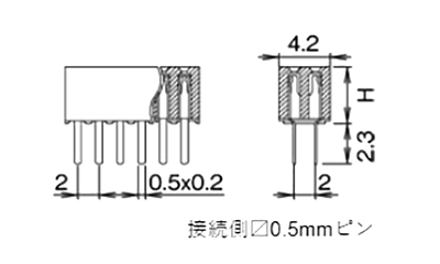 ナイロン ピンヘッダー FSS-22043(T〇) ソケット(角)2.00mmピッチ ストレート(2列) 接続側0.5mmピンの寸法図