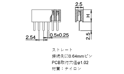 ナイロン ピンヘッダー FSS-41035(T〇) ソケット(角)2.54mmピッチ ストレート(1列) 接続側0.64mmピンの寸法図
