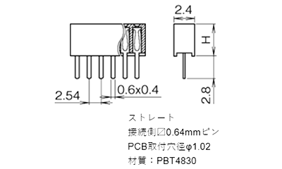 ナイロン ピンヘッダー FSS-41057(T〇) ソケット(角)2.54mmピッチ ストレート(1列) 接続側0.64mmピンの寸法図