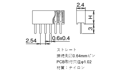 ナイロン ピンヘッダー FSS-41085(T〇) ソケット(角)2.54mmピッチ ストレート(1列) 接続側0.64mmピンの寸法図
