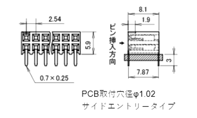 ナイロン/PBT製品 ピンヘッダー/FSS-42059(T〇) ソケット(角ピン)2.54㎜ピッチ ストレート(2列)の寸法図