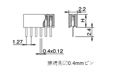 ナイロン ピンヘッダー FSS-71034(T〇) ソケット(角)1.27mmピッチ ストレート(1列) 接続側0.4mmピンの寸法図