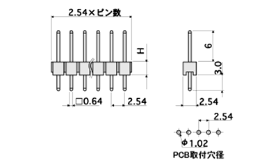 回路切替端子 / JTS(T〇) ピン(角ピン)2.54mmピッチ ストレート(1列)の寸法図