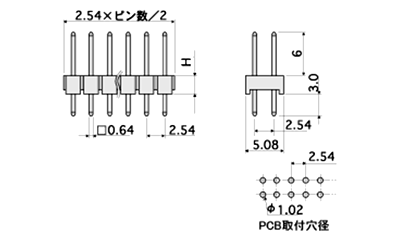 回路切替端子 / JTW(T〇) ピン(角ピン)2.54mmピッチ ストレート(2列)の寸法図