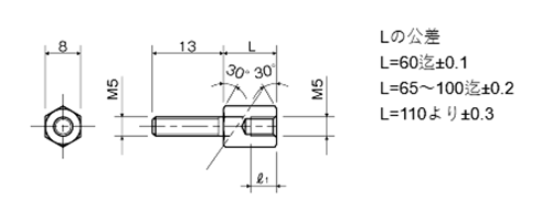 鉄(ROHS2対応) 六角スペーサー(オネジ13mmロング+メスねじ) LSF-5●●-13E(M5)の寸法図