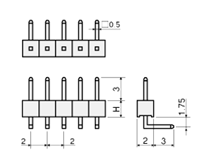 基板垂直取付端子(固定L型) / MLS(T〇) ピン(角ピン)2.00mmピッチ ライトアングル(1列)の寸法図