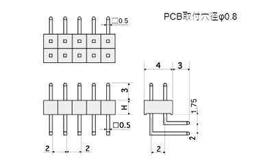 基板垂直取付端子(固定L型) / MLW(T〇) ピン(角ピン)2.00mmピッチ ライトアングル(2列)の寸法図