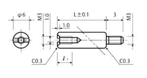 黄銅(カドミレス) 丸型スペーサー(短間段重ね用)スリ割付(オス+メスねじ) MRB-0000-00SEの寸法図