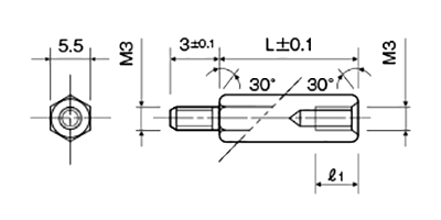 アルミ(鉛レス) 六角スペーサー(短間段重ね用)(オス・メスねじ) MSL-3E (オネジ長3mm)(酸洗)の寸法図