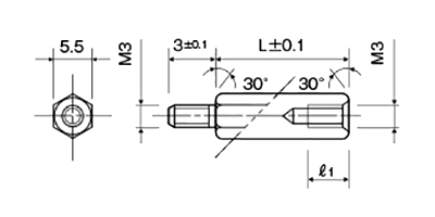 アルミ(鉛レス) 六角スペーサー(短間段重ね用)(オス・メスねじ) MSL-3BE (オネジ長3mm)(黒アルマイト)の寸法図