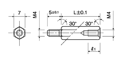 アルミ(鉛レス) 六角スペーサー(短間段重ね用)(オス・メスねじ) MSL-5BE (オネジ長5mm)(黒アルマイト)の寸法図