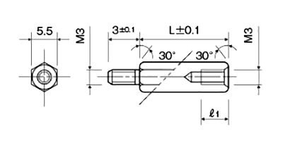 アルミ(鉛レス) 六角スペーサー(短間段重ね用)(オス・メスねじ) MSL-3KE (オネジ長3mm)(カニゼンメッキ)の寸法図