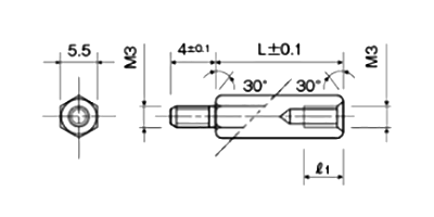 アルミ(鉛レス) 六角スペーサー(短間段重ね用)(オス・メスねじ) MSL-4KE (オネジ長4mm)(カニゼンメッキ)の寸法図