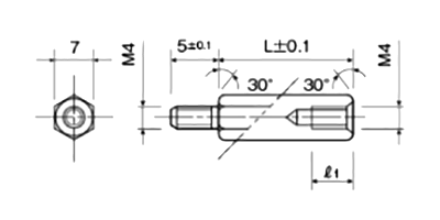 アルミ(鉛レス) 六角スペーサー(短間段重ね用)(オス・メスねじ) MSL-5KE (オネジ長5mm)(カニゼンメッキ)の寸法図