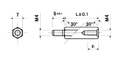 ステンレスSUS303 六角スペーサー (短間段重ね用)(オス・メスねじ) MSU-05 (オネジ長5mm)(脱脂)の寸法図