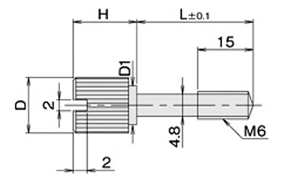 黄銅 ローレットツマミビス(スリ割 段付 胴細) / NB-Z10F (頭部 D16xH10)(ニッケルメッキ)の寸法図