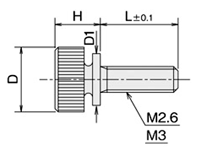 黄銅 ローレットツマミビス (ツバ付) / NB-BC (頭部 D6xH7)(ニッケルメッキ)の寸法図