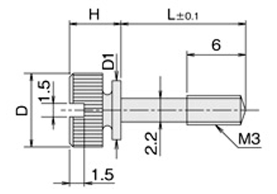 黄銅 ローレットツマミビス(スリ割 ツバ付 胴細) / NB-BE (頭部 D6xH7)(ニッケルメッキ)の寸法図